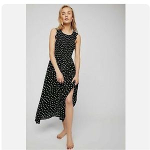 Free People Chambray Butterflies Midi Dress Polka Dot Printed Smocked - Large